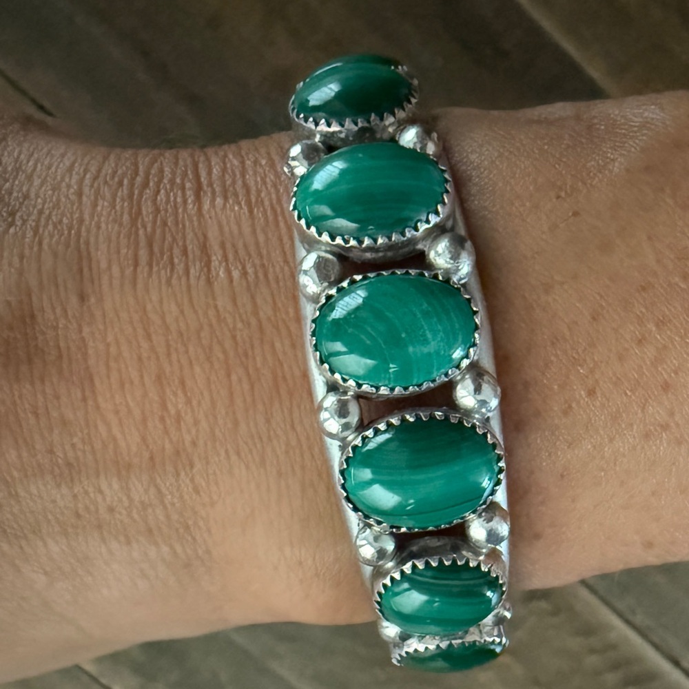 Navajo Signed Pat Yazzie Malachite and Sterling Silver Cuff Native